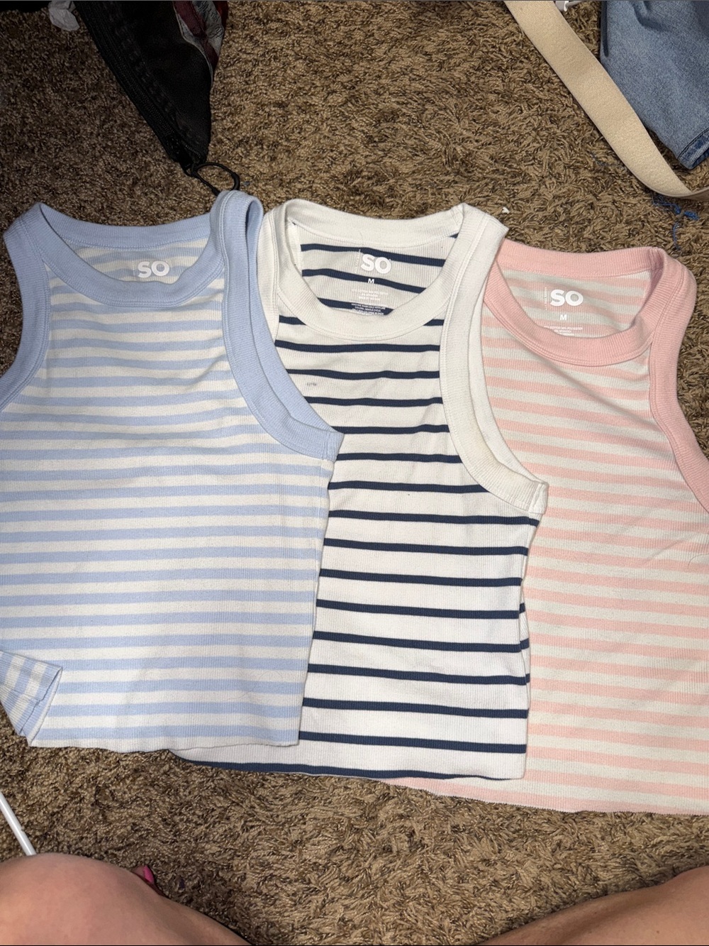 SO Girls Striped Tank Tops - Light Blue, Navy & Pink. 1 spot on dark blue
